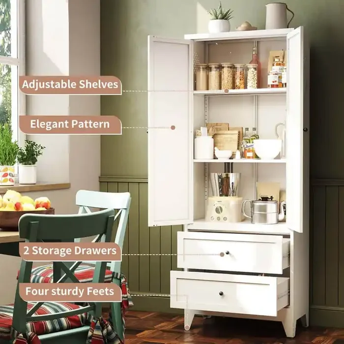 72 in. White Pantry Cabinet with 2 Drawers and Adjustable Shelves Freestanding Kitchen Storage Cabinet Buffet Sideboards