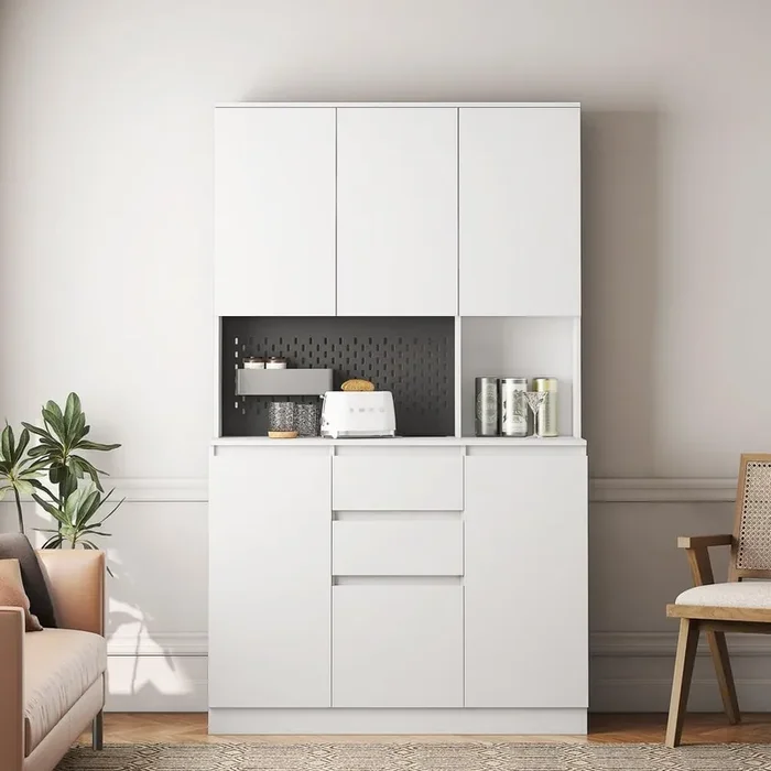 74 in. H Farmhouse Coffee Bar Pantry Organizer Buffet in White with Charging Station