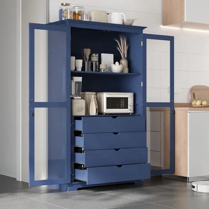 75 in. Blue Kitchen Pantry with Glass Doors and 4 Built-in Drawers, Freestanding Kitchen Storage Cabinet