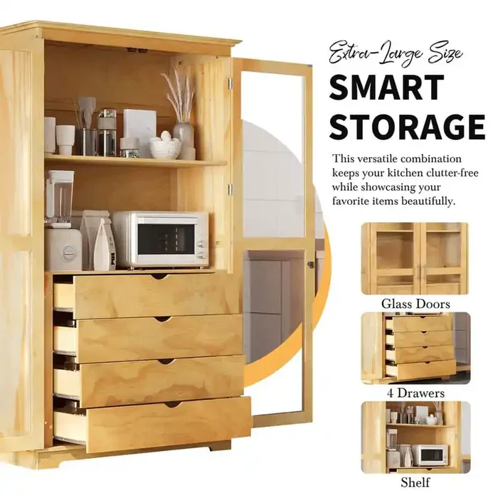 75 in. Natural Kitchen Pantry with Glass Doors and 4 Built-in Drawers Freestanding Kitchen Storage Cabinet