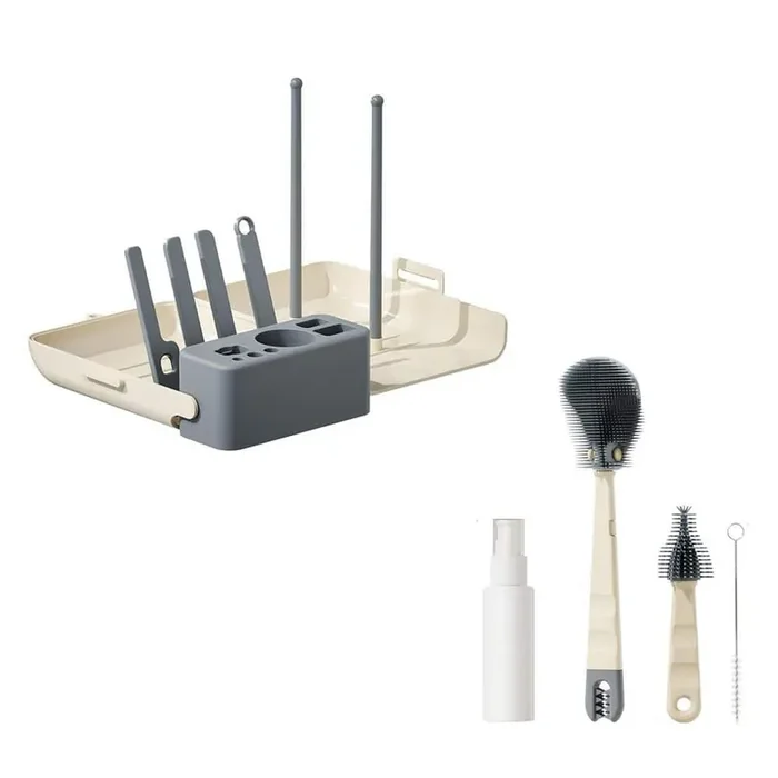 7in. Bottle Brush Cleaner Set 7 in 1 Baby Travel Kit with Silicone Brush Nipple Straw Drying Rack Storage Box