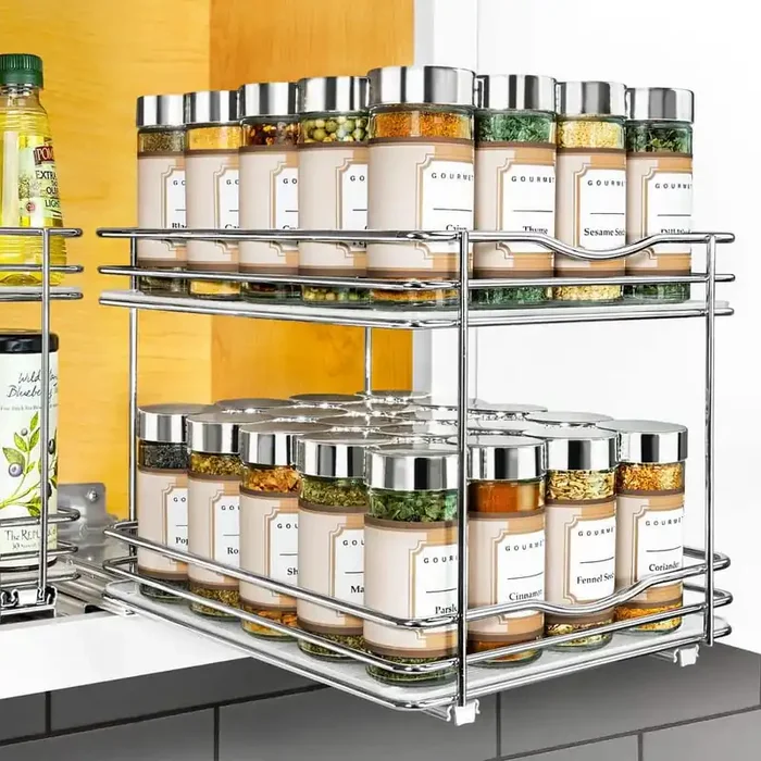 8-1/4 in. Wide – Double Silver Chrome Slide Out Spice Rack Pull Out Cabinet Organizer