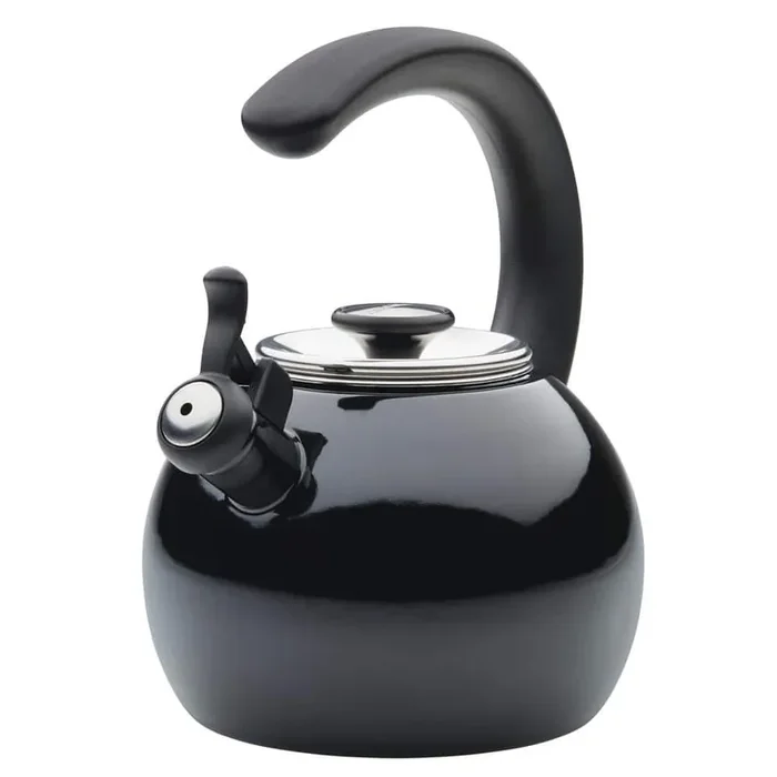 8-Cups, Black Enamel on Steel Whistling Teakettle With Flip-Up Spout