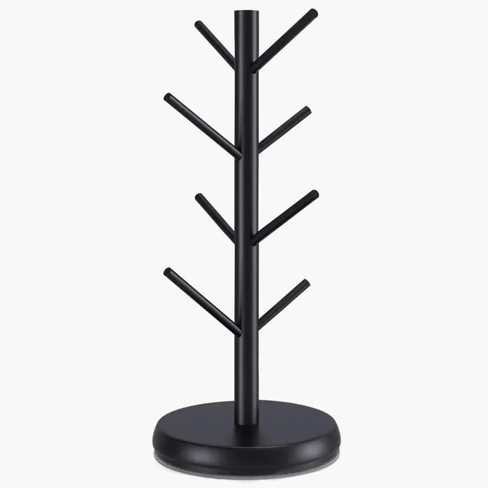 8-Hook Black Rotating Mug Tree Stand Sustainable Bamboo Wood Coffee Cup Holder for Counter Organizer