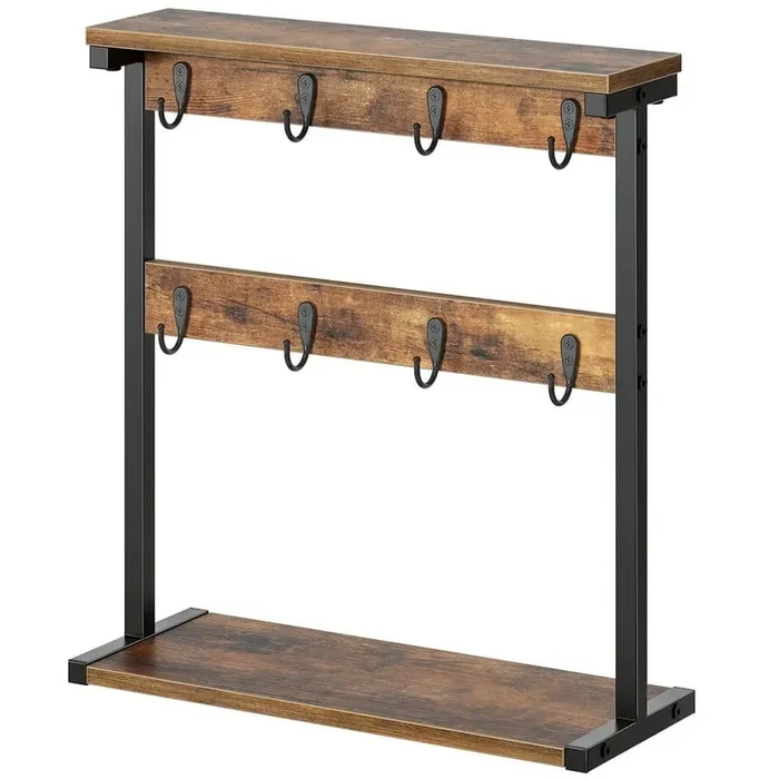8-Hook Rustic Brown Coffee Mug Tree Stand with 2 Tier Shelves Vintage Countertop Mug Holder Space Saving Rack