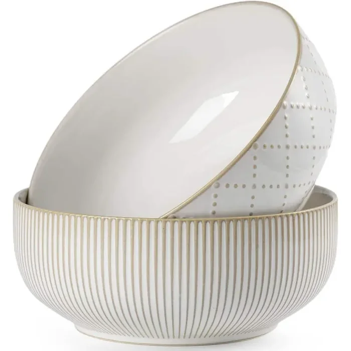 8 in. 60 fl. oz. White Multicolor Ceramic Serving Bowls Set of 2 Microwave Dishwasher Safe Decorative Embossed