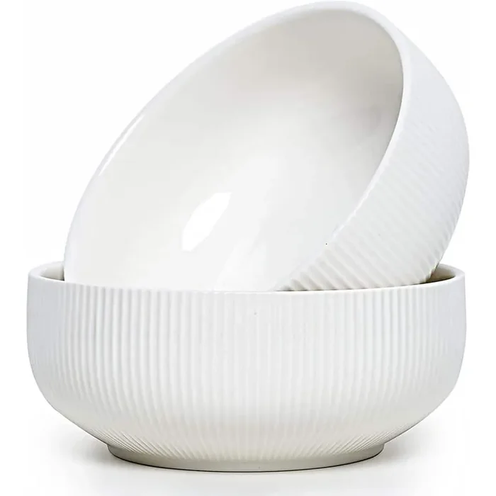 8 in. 60 fl. oz. White White Ceramic Salad Bowl Set Large Serving Dish Microwave Freezer Safe (Set of 2)