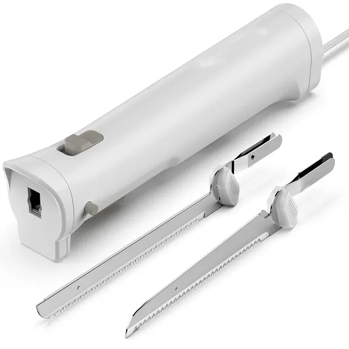 8 in. White Stainless Steel Electric Bread Knife with 4 Stainless Steel Blades, Safety Lock Switch for meat slicing