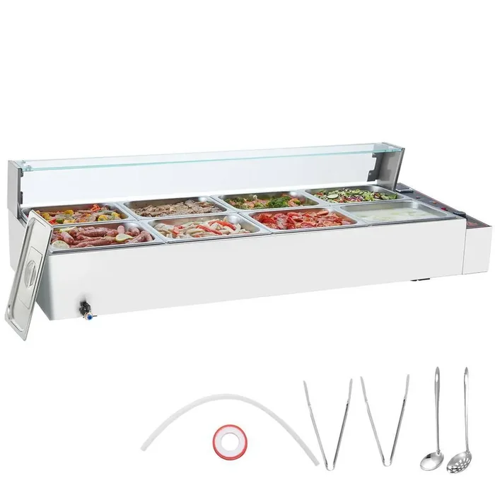 8-Pan Commercial Food Warmer,8 x 8QT Electric Steam Table with Glass Cover, 3200W Countertop Stainless Steel Buffet Bain