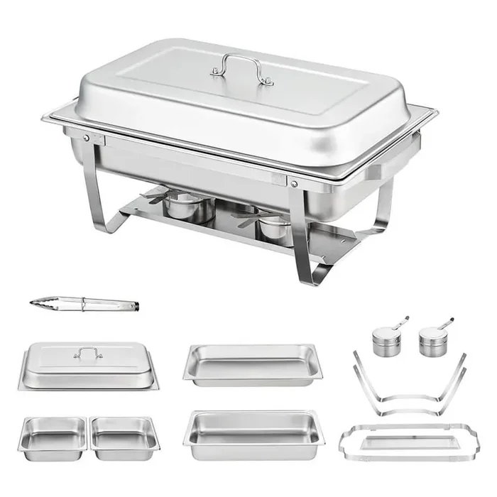 8 qt. Stainless Steel Chafer Chafing Dish Buffet Set with 2-Full and 4-Half Size Pans Rectangle Catering Warmer Server