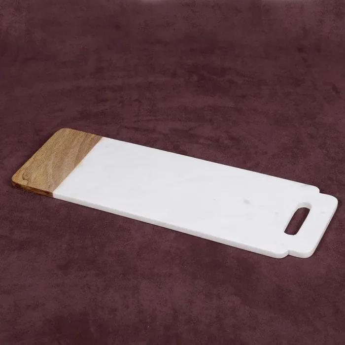 “Taj Elite” Creamy White Marble with Mango Wood 18 in. x 6 in. Handled Board