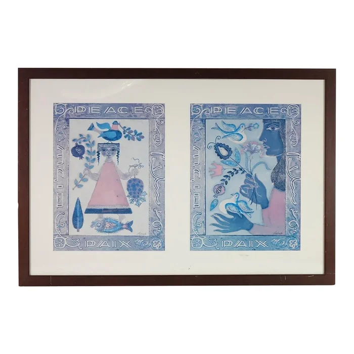 “Whispers of Peace” – Mid 20th Century Double Piece Very Large Print of Original Mixed Media Painting, Signed, Framed