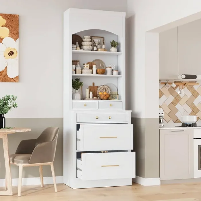 83.7 in. H White Wood Pantry Organizer Freestanding Kitchen Hutch with Faux Marble Top, 5-Drawers, Adjustable Shelf