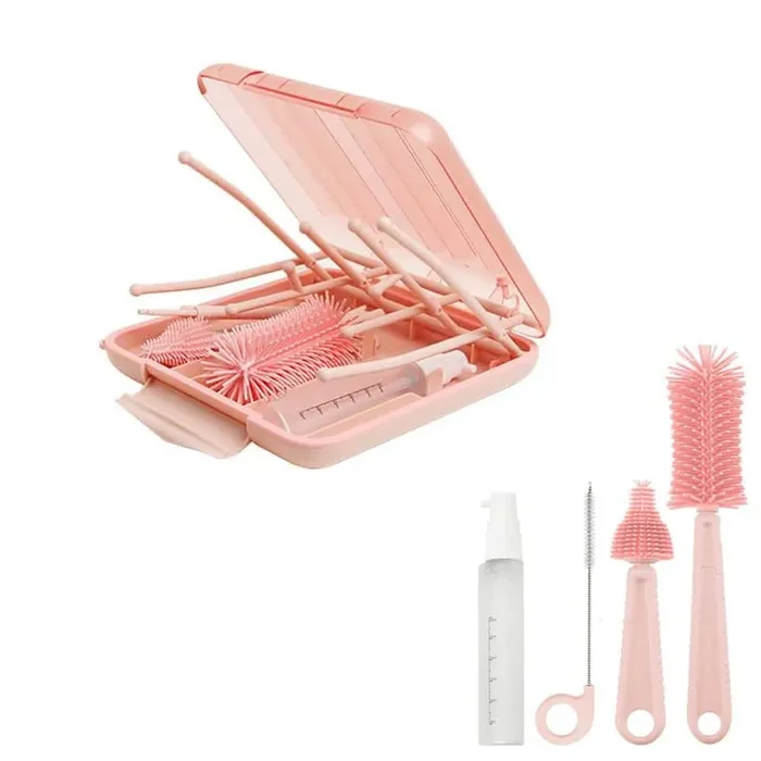 8in. Baby Bottle Drying Rack Set with Extendable Silicone Bottle Brush Nipple Straw Cleaner Portable Pink