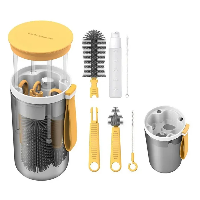 9.8 in. Baby Bottle Cleaning Kit 7 in 1 Travel Set with Silicone Brushes Drying Rack Warmer Bowl Yellow