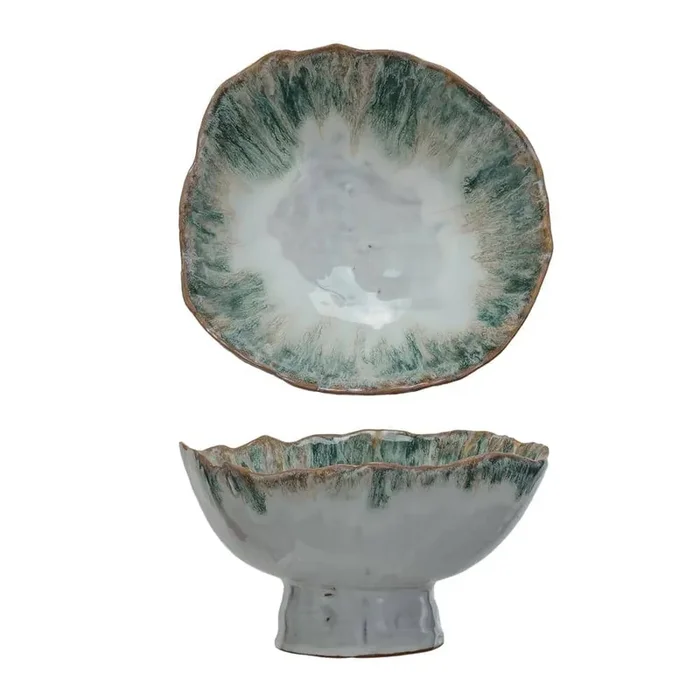 9 in. 60.9 fl. oz. Green and Brown Large Stoneware Footed Serving Bowl