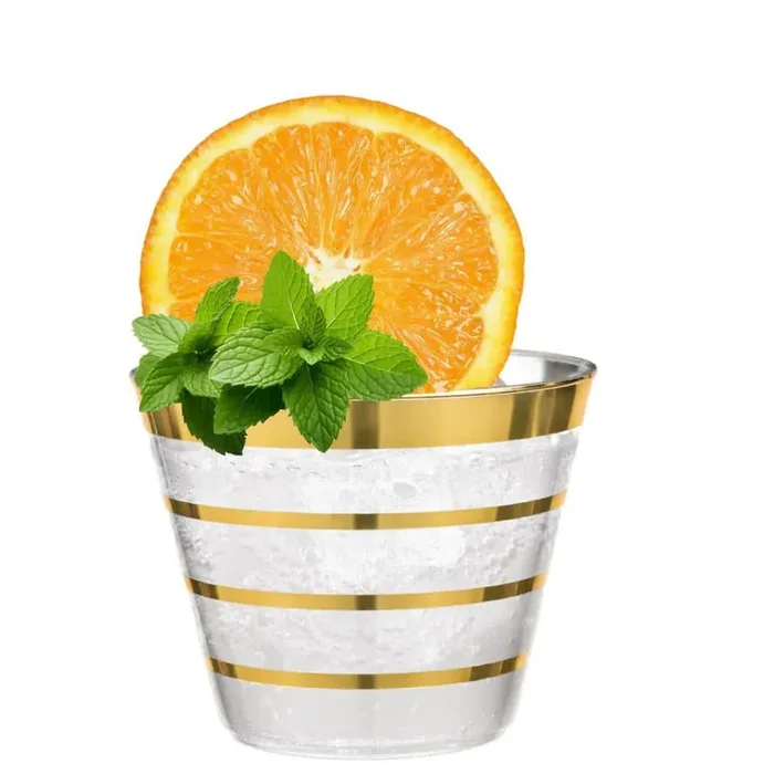 9 oz. 4 Line Gold Rim Clear Disposable Plastic Cups, Party, Cold Drinks, (110/Pack)
