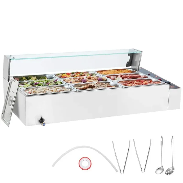 9-Pan Commercial Food Warmer, 9 x 5 Qt. Electric Steam Table with Glass Cover, 1500W Countertop Stainless Steel Buffet