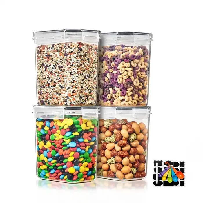 Airtight Food Storage Containers with Locking Lids-4 Pack (1.6 l /54.10 oz.) with Measuring Spoons and Labels
