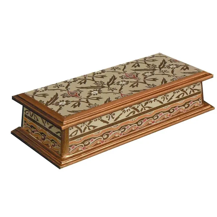Antigua 9.5 in. x 4 in. x 2 in. Wood Sand Keepsake Jewelry or Pencil Reversed Painted Glass Box