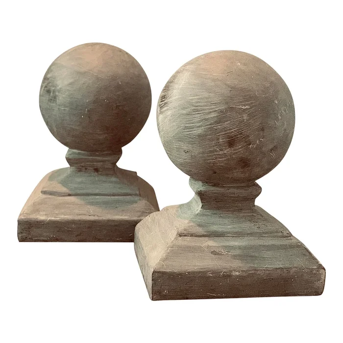 Architectural Garden Ornamental Faux Carved Stone Gate Pier Pillar Sphere Ball Orb Finial on Pedestal Base – A Pair