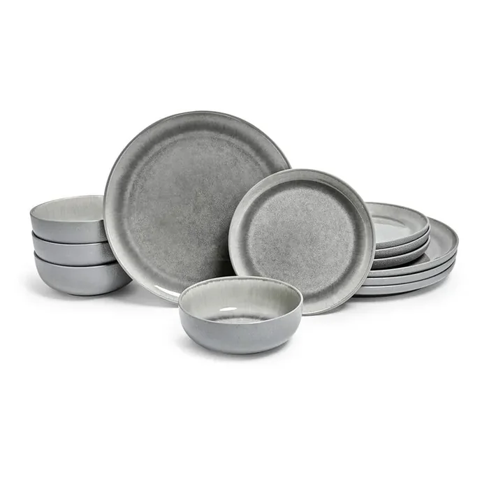 Asher Gray 12-Piece Stoneware Dinnerware Set, Round, Microwave and Dishwasher Safe