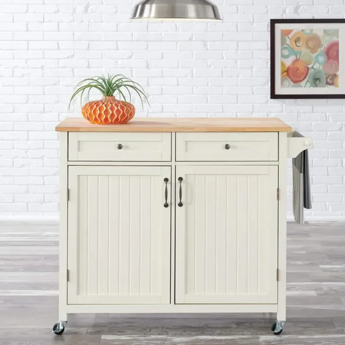 Bainport Ivory with Butcher Block Top Wooden Rolling Kitchen Cart and Double-Drawer Storage (44″ W)
