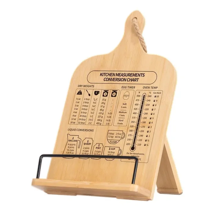 Bamboo Cookbook Recipe Stand with Measurement Conversion Chart Non-Slip Compact Holder for Kitchen Counters