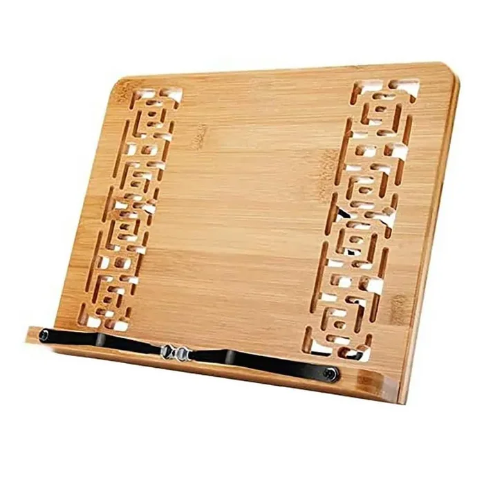 Bamboo Finish XXL Cookbook Reading Stand with Adjustable Height Foldable Tray and Page Clip for Home Office