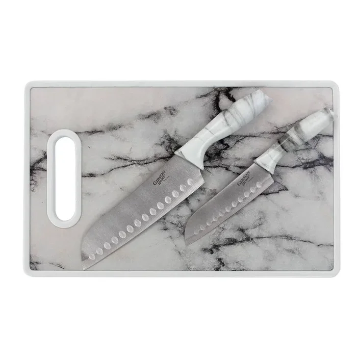 Beaumont 3 Piece Stainless Steel Santoku Knife Set with Cutting Board in White Marble