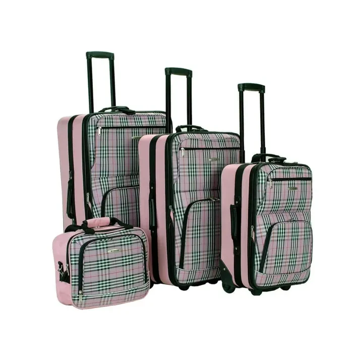 Beautiful Deluxe Expandable Luggage 4-Piece Softside Luggage Set, Pink Plaid