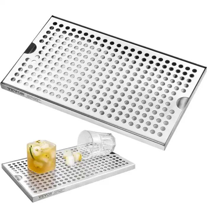 Beer Drip Tray Silver 304 Stainless Steel Kegerator with 4 Non-Slip Rubber Pads and Detachable Cover Heat/Cold Resistant
