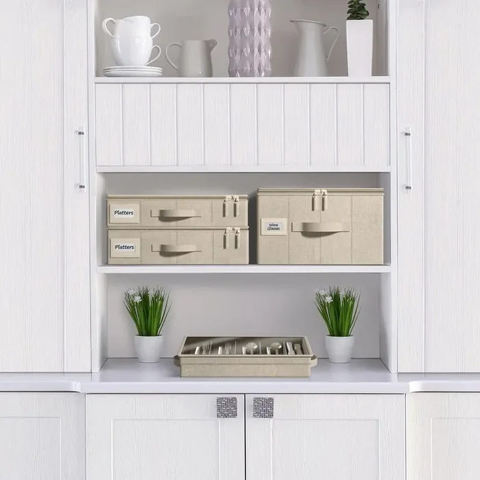 Beige Pantry Organizer, Glass Stemware Container Storage for Champagne Glasses with Lid (Holds Service for 12), 1-Piece