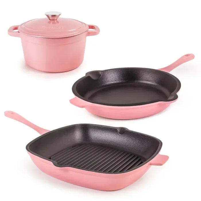 BergHOFF Neo 4-Piece Cast Iron Cookware Set, Fry Pan, Grill Pan and Round Dutch Oven, Pink