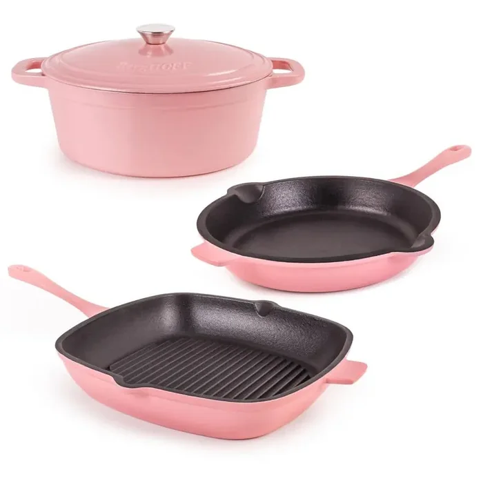BergHOFF Neo 4-Piece Cast Iron Cookware Set, Grill Pan, Fry Pan and Oval Dutch Oven, Pink