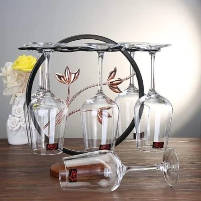 Black Countertop Metal Stemware Rack Tabletop Wine Glass Holder with Weighted Base Holds 6 Glasses Display Stand