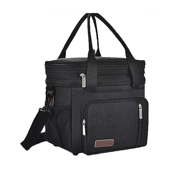 Black Double-Layer Insulated Lunch Bag with 15 L Large Capacity and Ice Packs for Work, Picnics and Beach Days