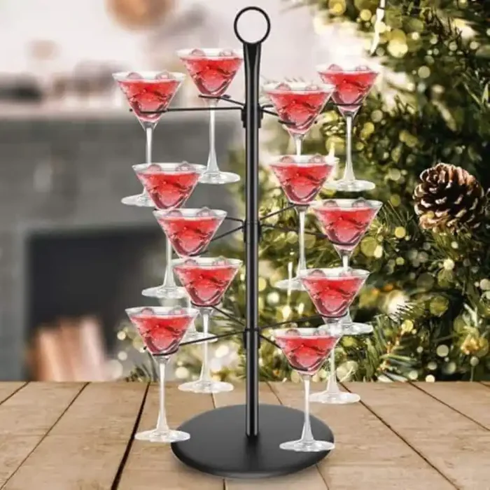 Black Freestanding Stemware Organizer 3 Tier Cocktail Tree Stand Holds 12 Glasses for Events and Parties