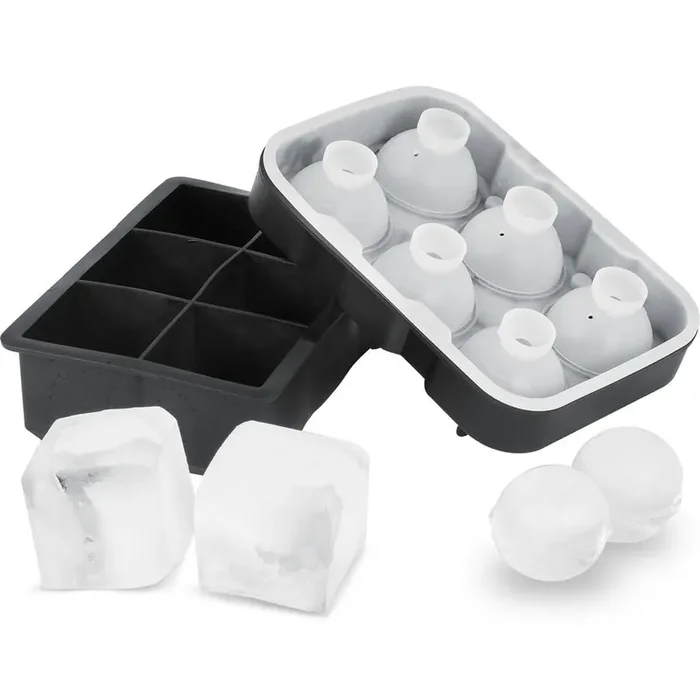 Black Ice Cube Trays (Set of 2), 2-in-1 Combo with Silicone Sphere Ice Ball Maker, Large Square Ice Cube Maker with Lid