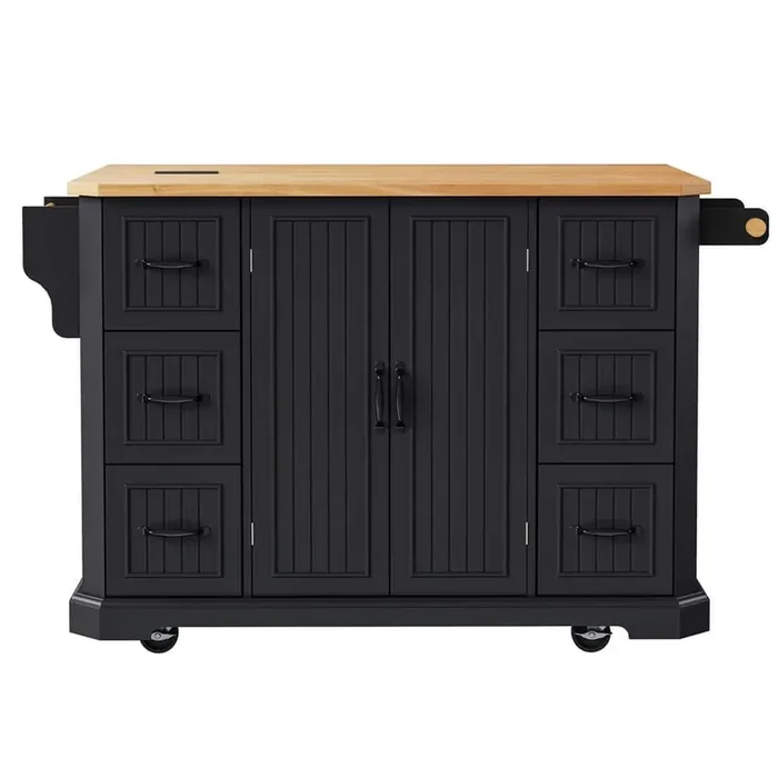 Black Kitchen Cart with Rubber Wood Veneer Drop Leaf, Power Outlet, Door Shelves, Wheels, Deep Drawers