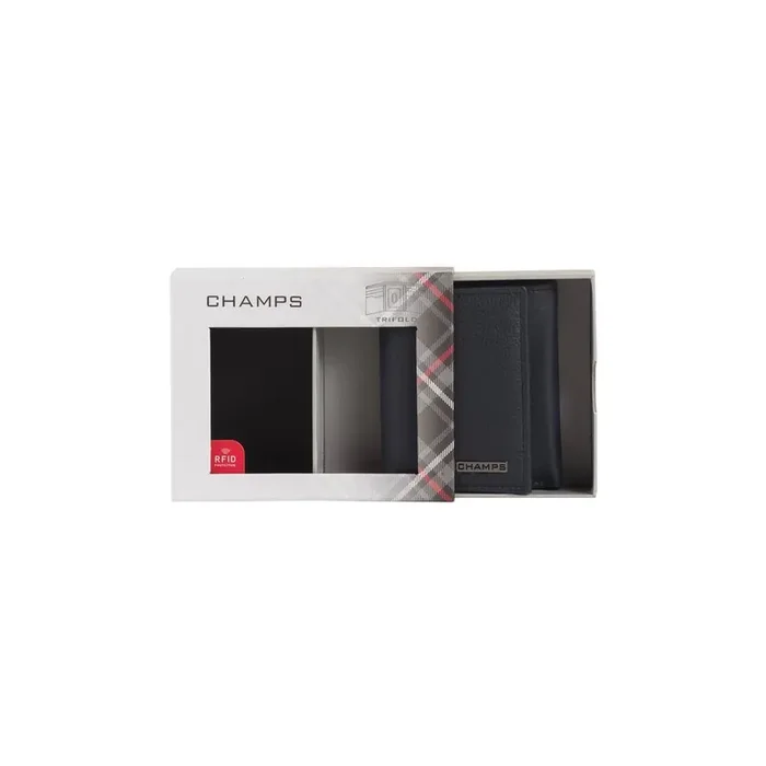 Black Label Navy Genuine Cowhide Leather RFID Blocking Tri-Fold Wallet in Gift Box