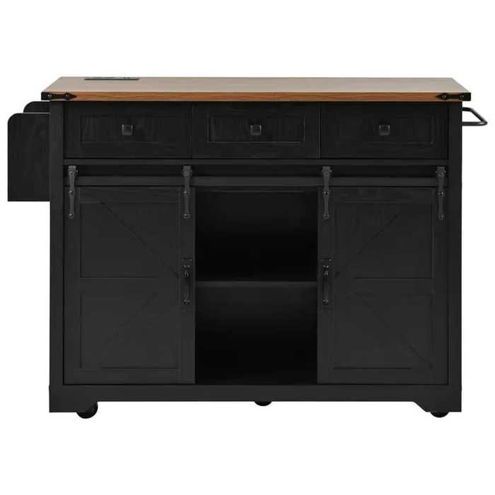 Black MDF Wood 53.8 in. Kitchen Island with Drop Leaf and Power Outlet