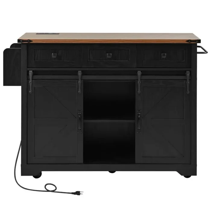 Black Particle Board Kitchen Cart with 2 Sliding Door Cabinet, Spice Rack, Drop Leaf and Towel Rack