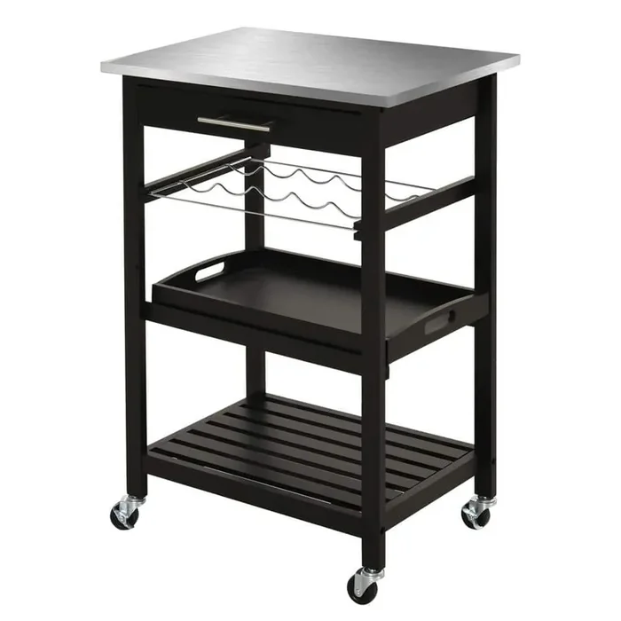 Black Pine Wood 3-Level Rolling Kitchen Island Cart with Open Storage Shelves