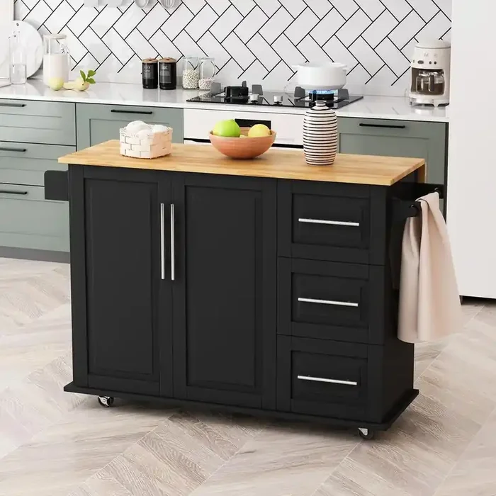 Black Rubber wood Kitchen Cart with Spice Rack and Towel Rack