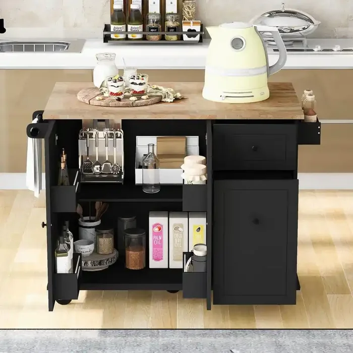 Black Rubber Wood Kitchen Cart with Spice Rack and Towel Rack