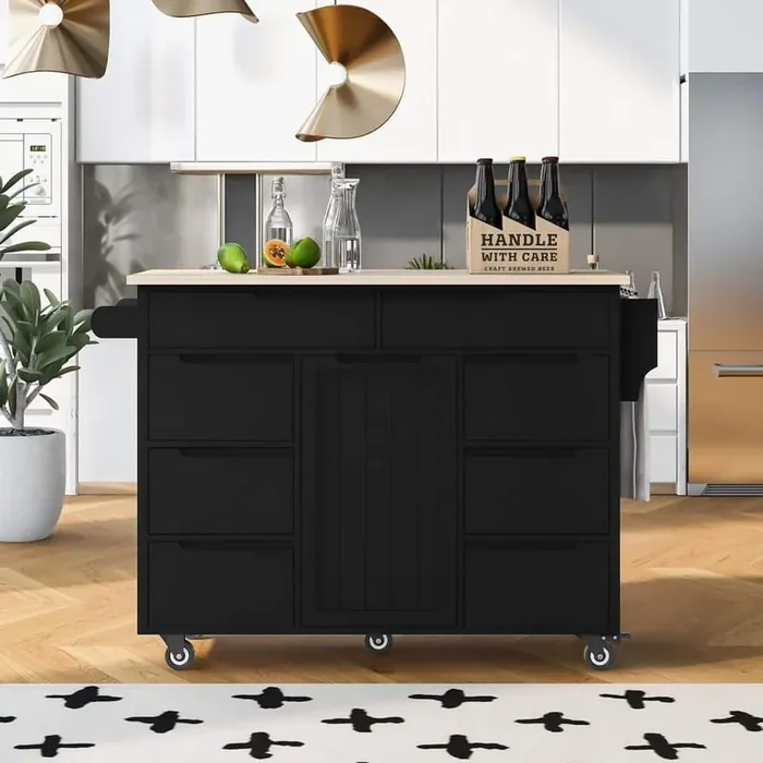 Black Rubber Wood Kitchen Cart with Spice Rack and Towel Rack