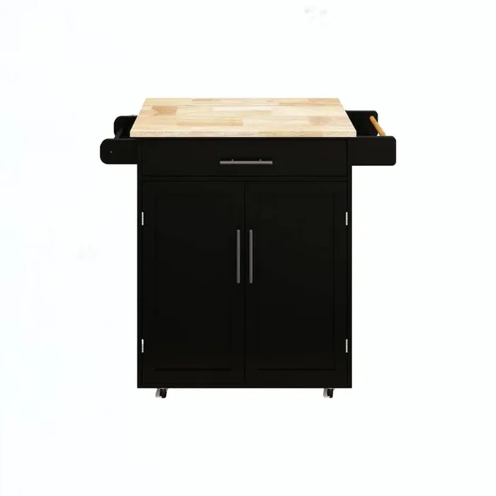 Black Rubber Wood Tabletop 36.61 in. Kitchen Island on 4 Wheels with Storage Racks, 1 Drawer and Towel Rack