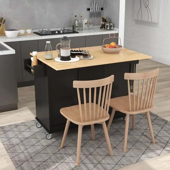 Black Solid Wood 52.7 in. Kitchen Island with Storage Cabinet and Drop Leaf Breakfast Bar