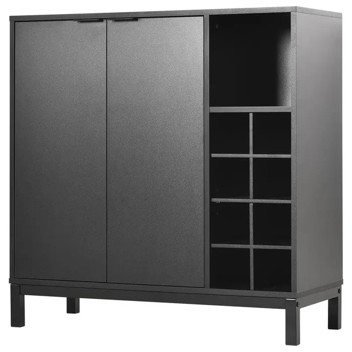 Black Wood 34 in. Kitchen Island with Wine Racks and Ajustable Shelves